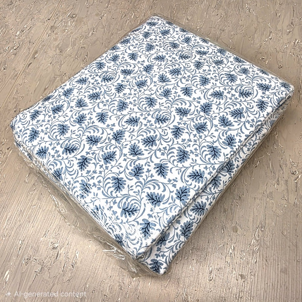 Vintage Springmaid Wamsutta Full Sheet Set New Blue Floral Woven Leaves NOS